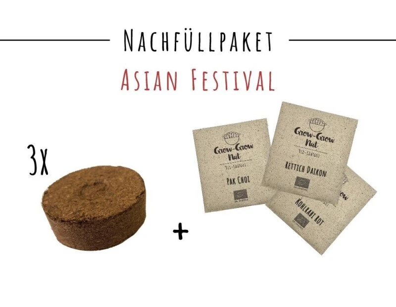 Grow-Grow Nut, Nachfüllpaket "Asian Festival", 3x Bio-Saatgut (Rettich, Pak Choi & Kohlrabi Rot) + 3x Kokoserde-Ziegel 2 Grow-Grow Nut, Nachfüllpaket "Asian Festival", 3x Bio-Saatgut (Rettich, Pak Choi & Kohlrabi Rot) + 3x Kokoserde-Ziegel – Bild 2