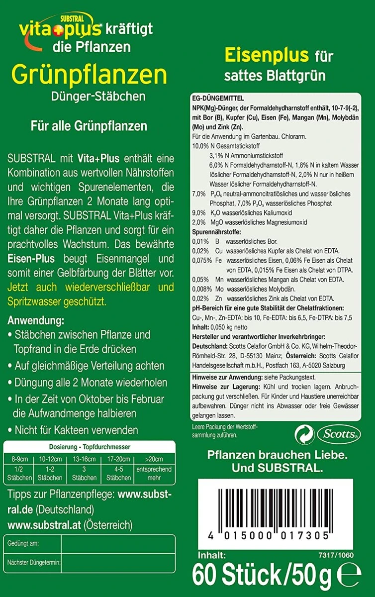 Substral Dünger-Stäbchen Für Grünpflanzen Mit Eisen-Plus Und 2 Monate Langzeitwirkung, 60 Stück 3 Substral Dünger-Stäbchen Für Grünpflanzen Mit Eisen-Plus Und 2 Monate Langzeitwirkung, 60 Stück – Bild 3